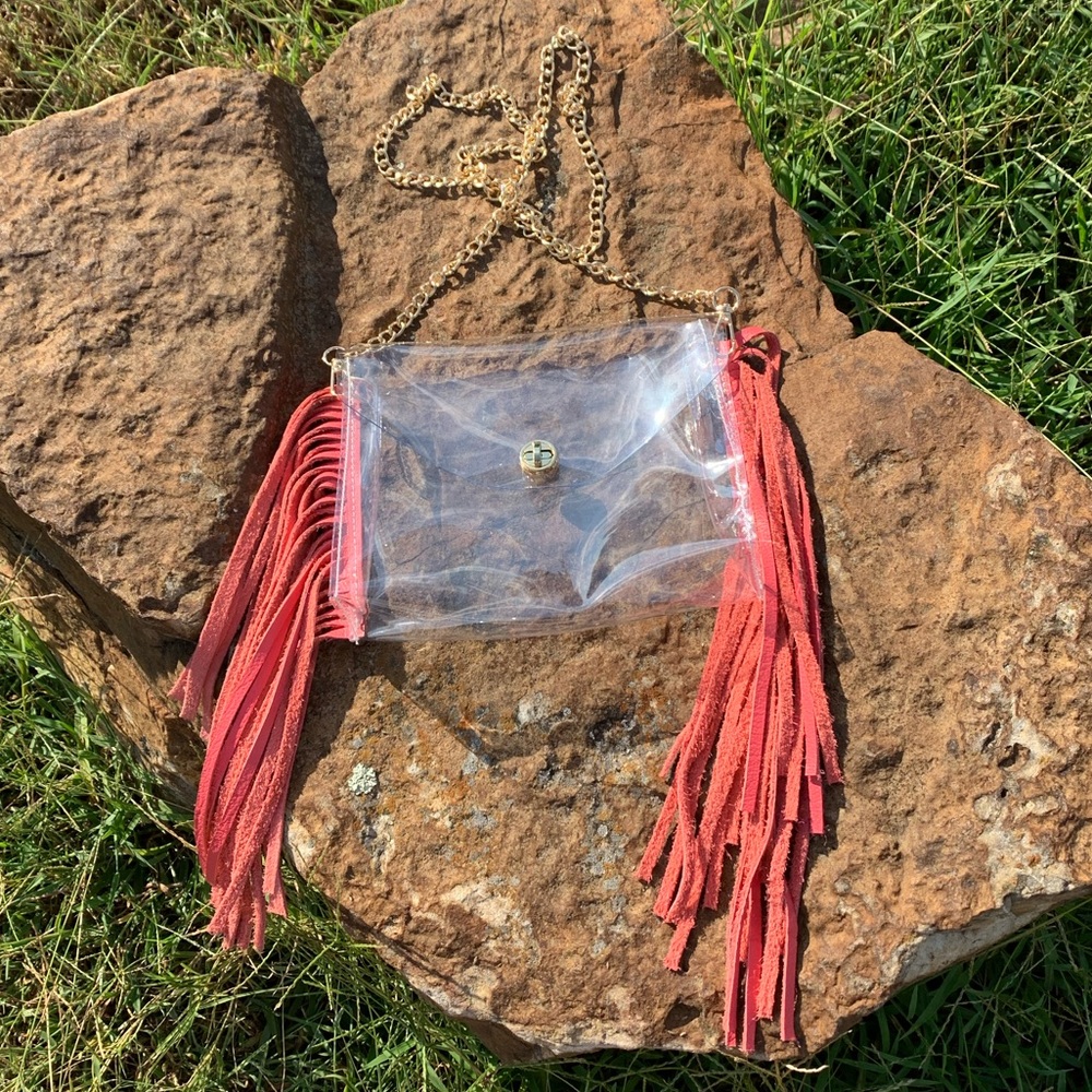 Clear Crossbody Bag with coral / pink Fringe